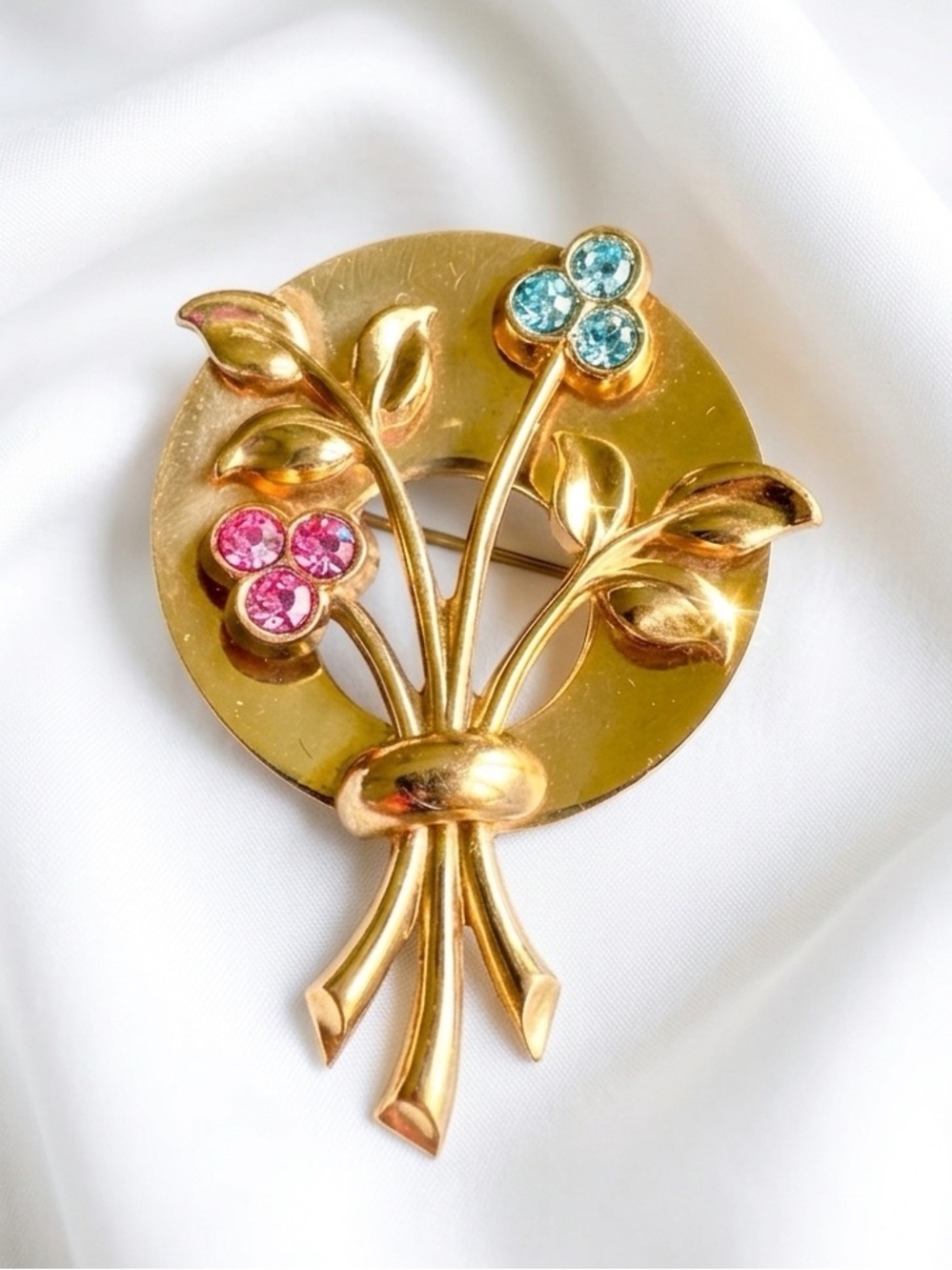 Vintage 1950s Coro Pegasus Gold Bouquet Brooch Pin Pink & Blue Rhinestones
